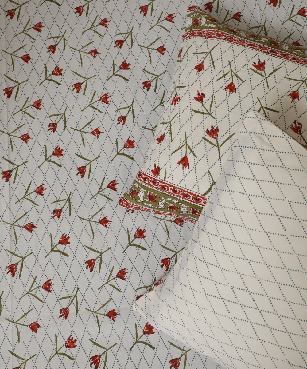 White red block printed sanganeri cotton double bed bedsheet