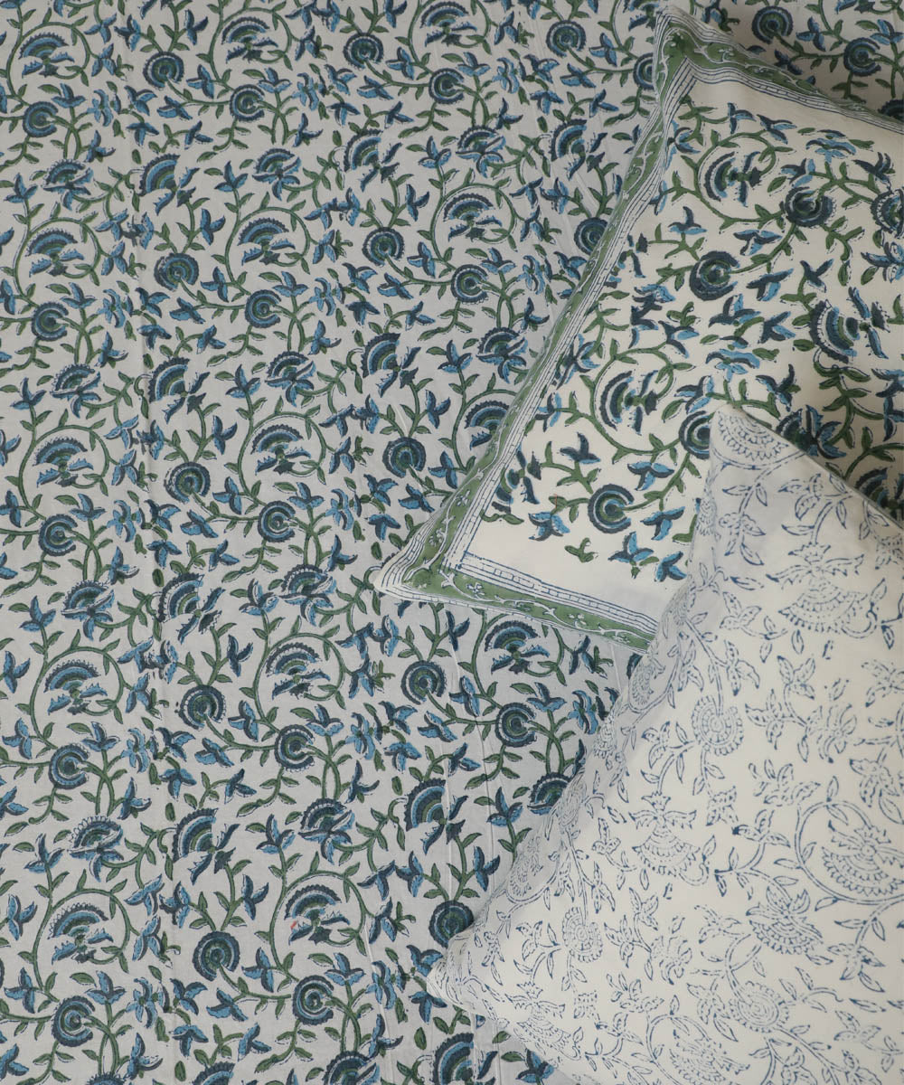 White blue floral block printed sanganeri cotton double bed bedsheet