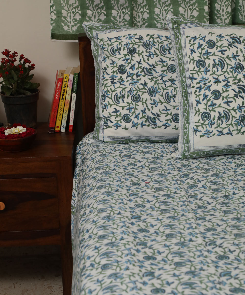 White blue floral block printed sanganeri cotton double bed bedsheet