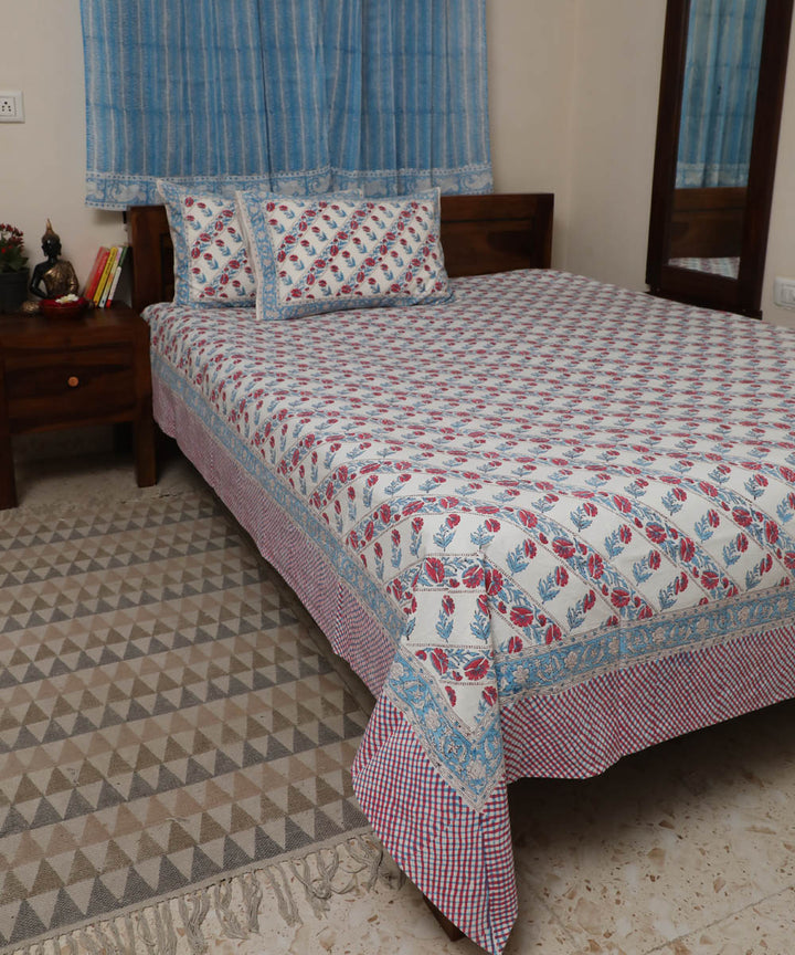 White pink cotton hand block printed sanganeri double bed bedsheet