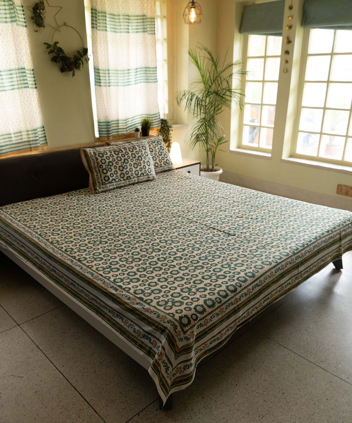 White dark green block printed sanganeri cotton double bed bedsheet
