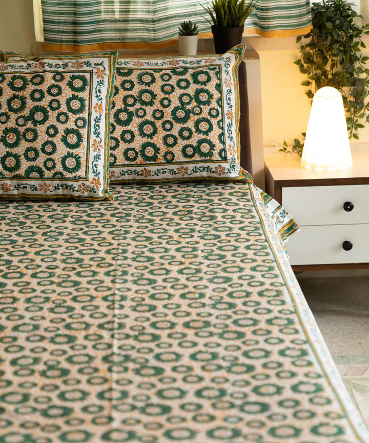 White dark green block printed sanganeri cotton double bed bedsheet