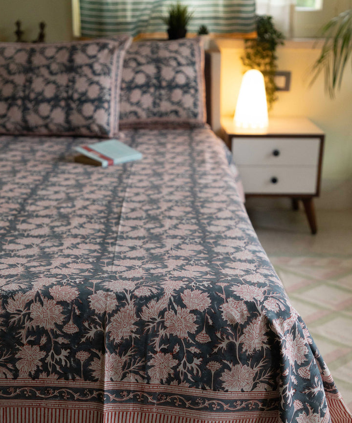 Dark blue hand block printed sanganeri cotton double bed bedsheet