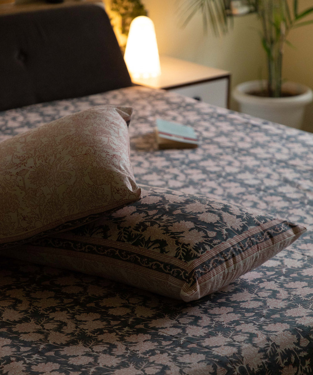 Dark blue hand block printed sanganeri cotton double bed bedsheet