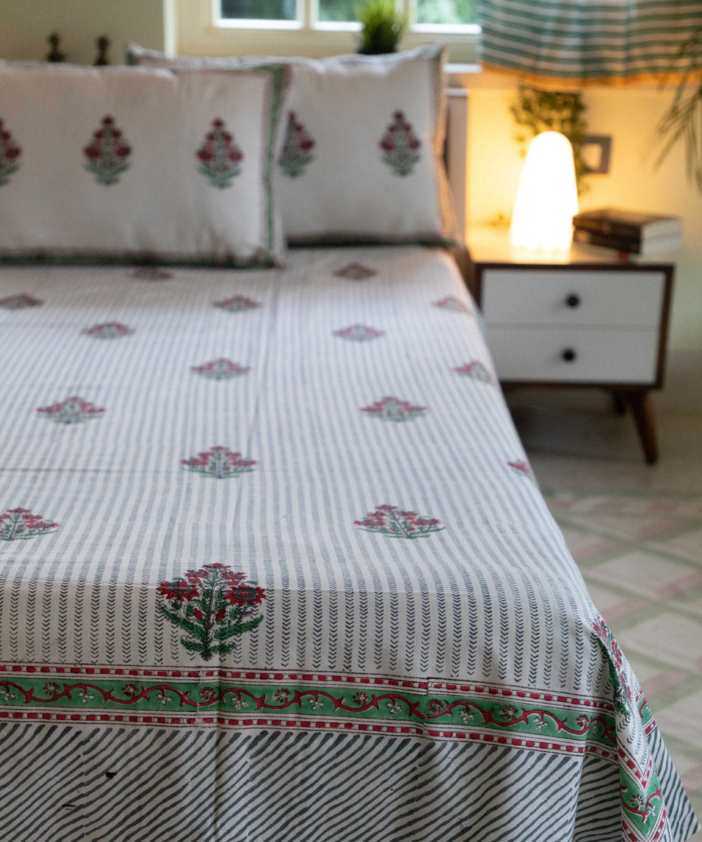 White grey striped block printed sanganeri double bed bedsheet