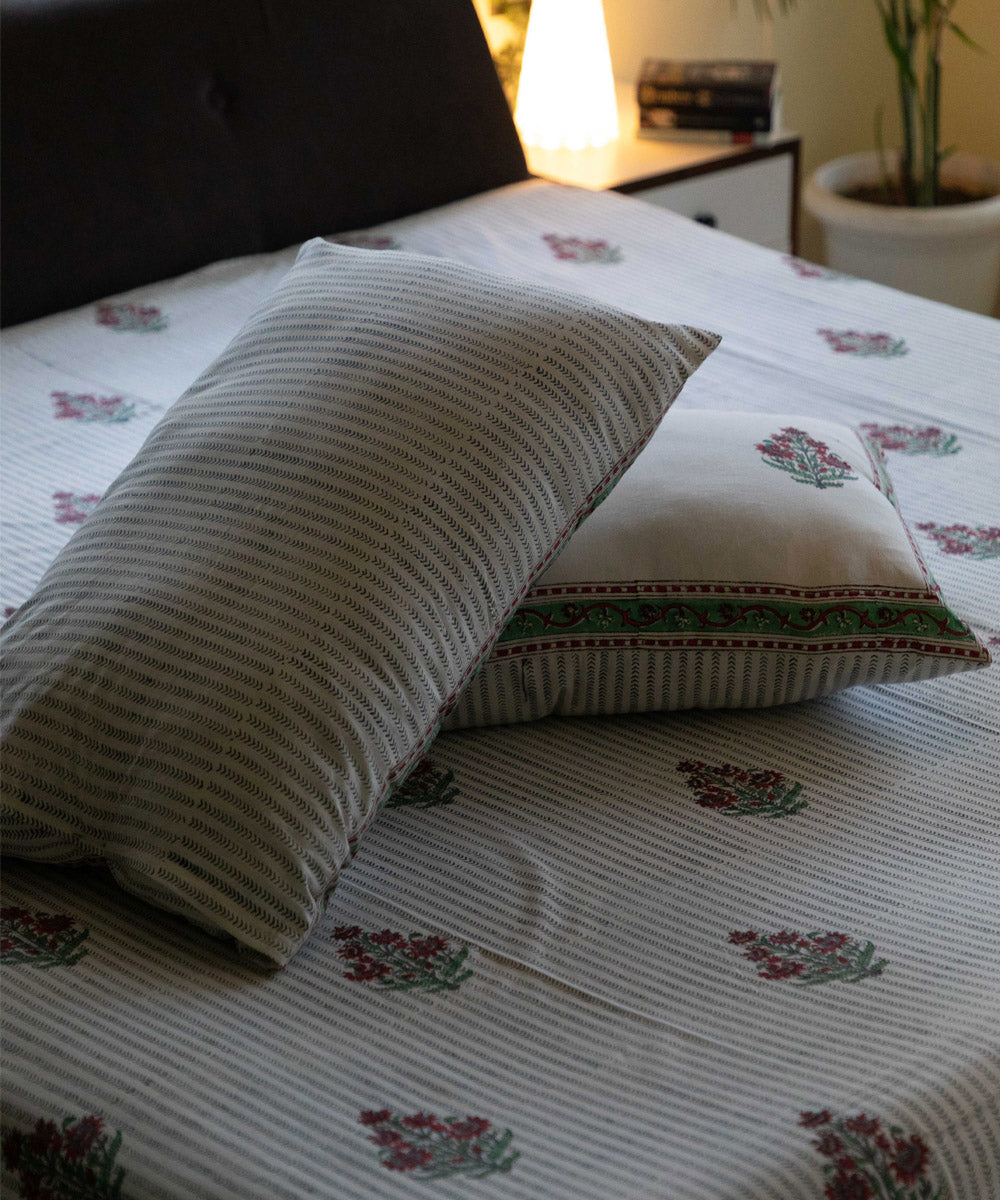 White grey striped block printed sanganeri double bed bedsheet