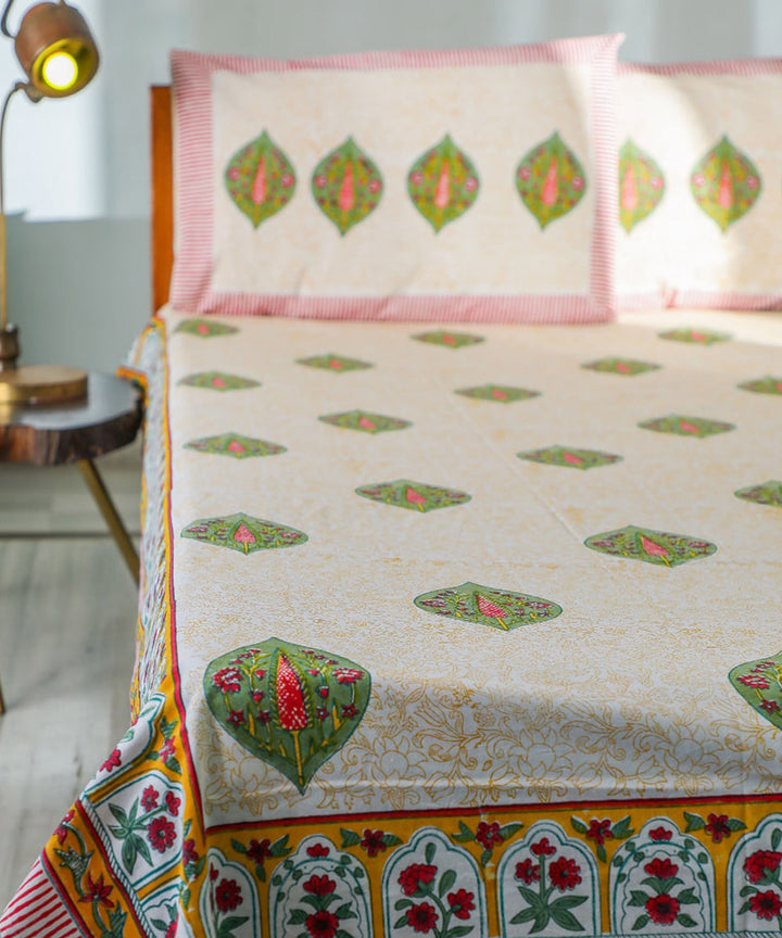 White yellow sanganeri block printed cotton double bed bedsheet