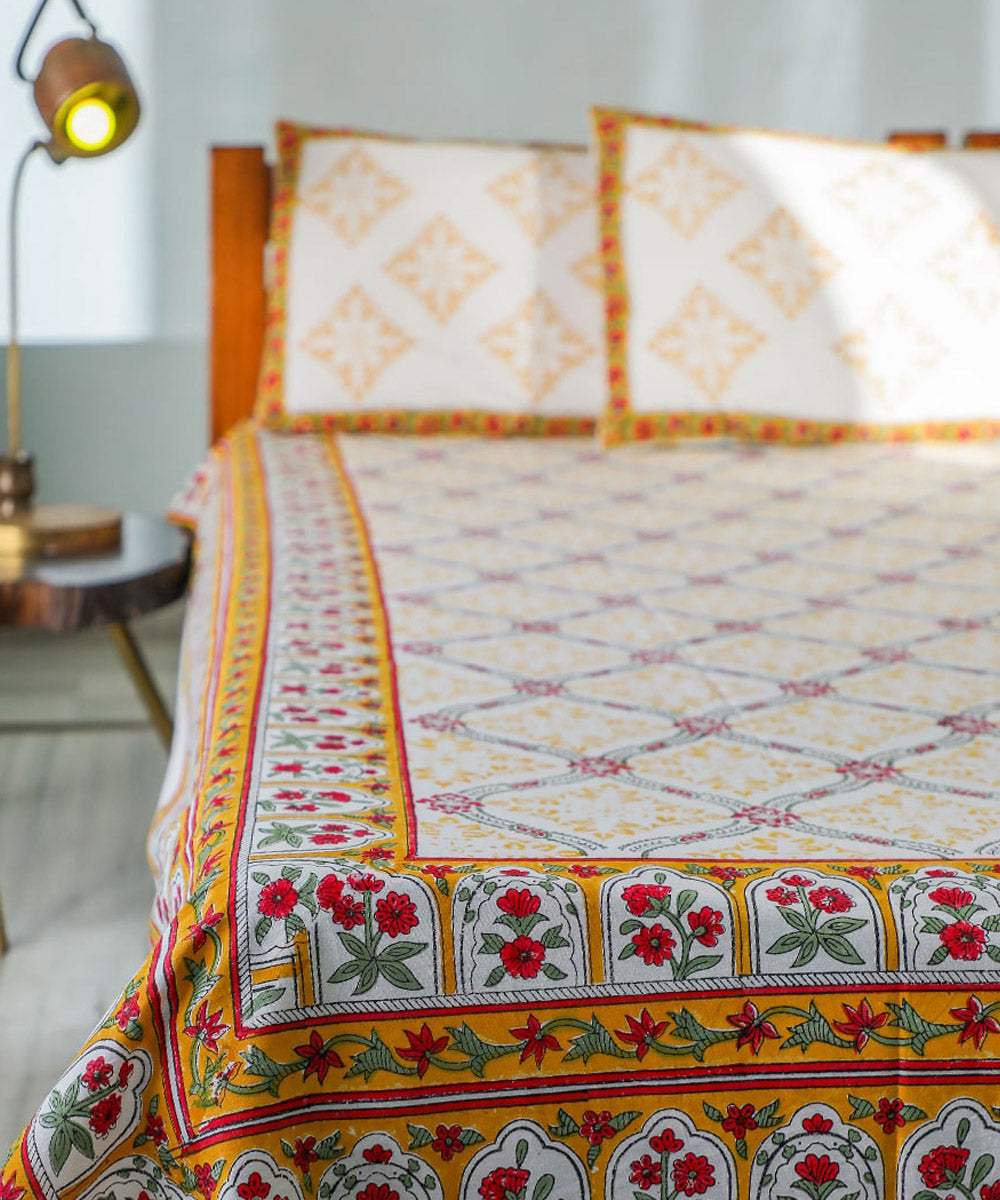 White yellow sanganeri block printed double bed bedsheet