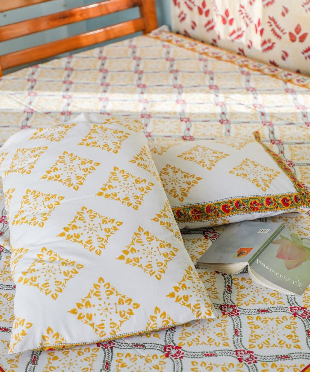 White yellow sanganeri block printed double bed bedsheet