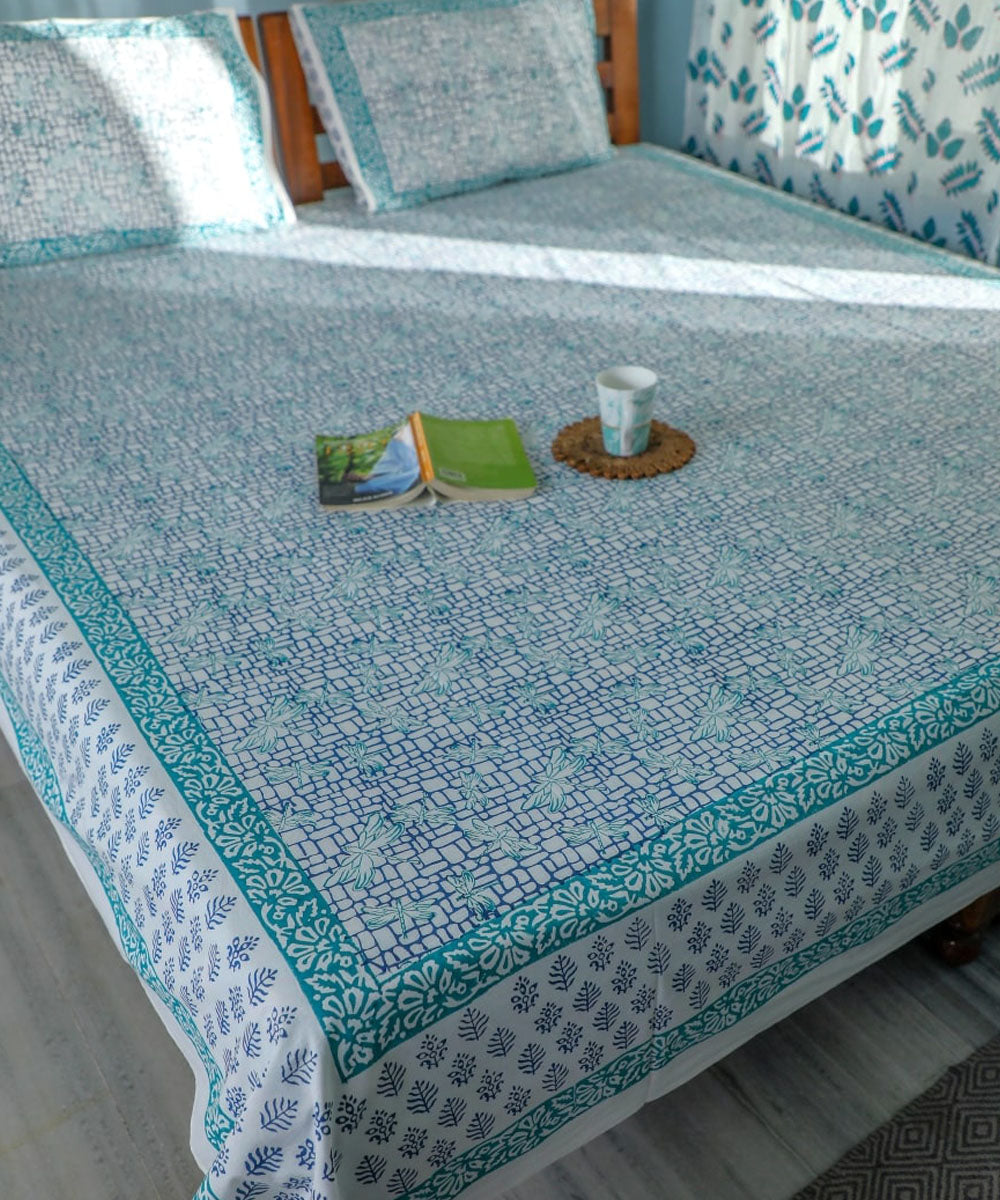 White teel hand block printed sanganeri cotton double bed bedsheet