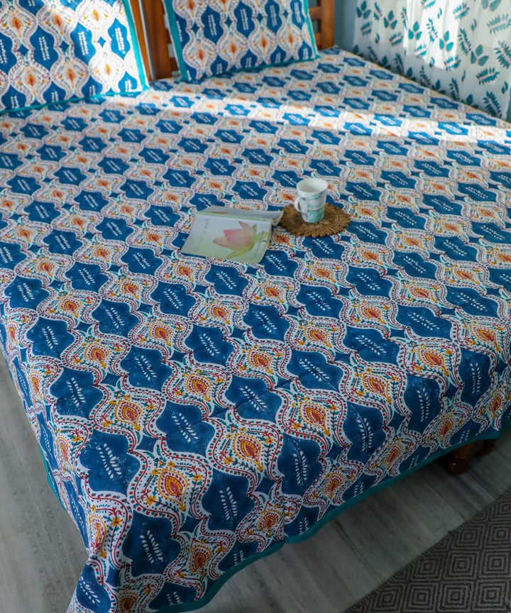 White blue hand block printed sanganeri cotton double bed bedsheet