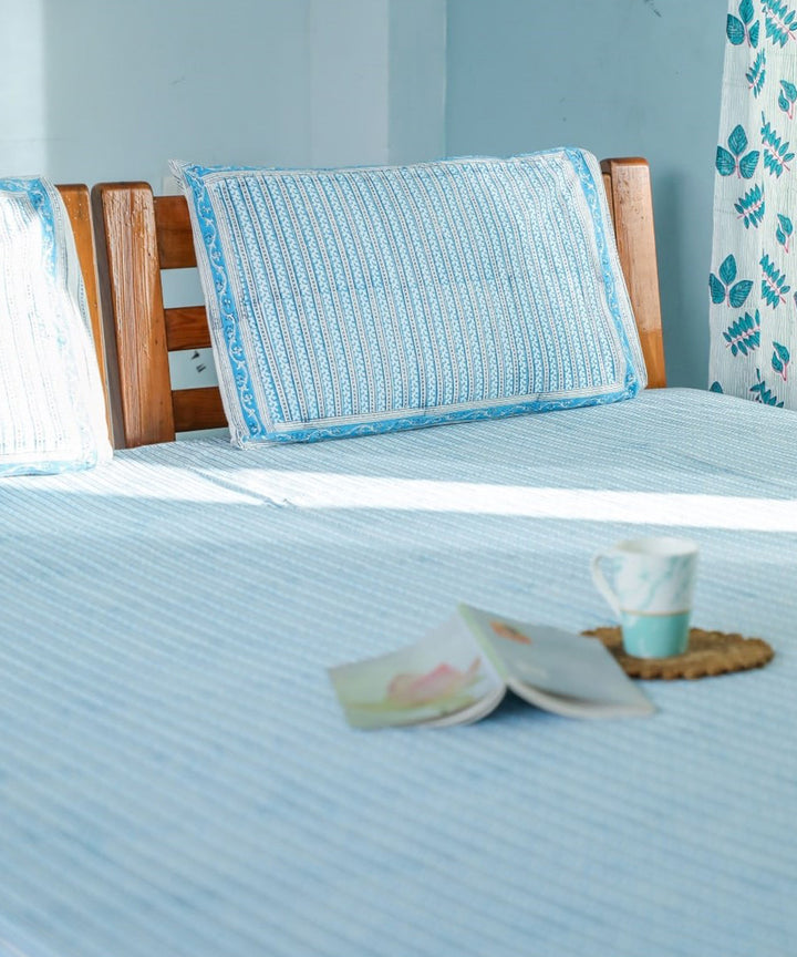 White blue block printed sanganeri cotton double bed bedsheet