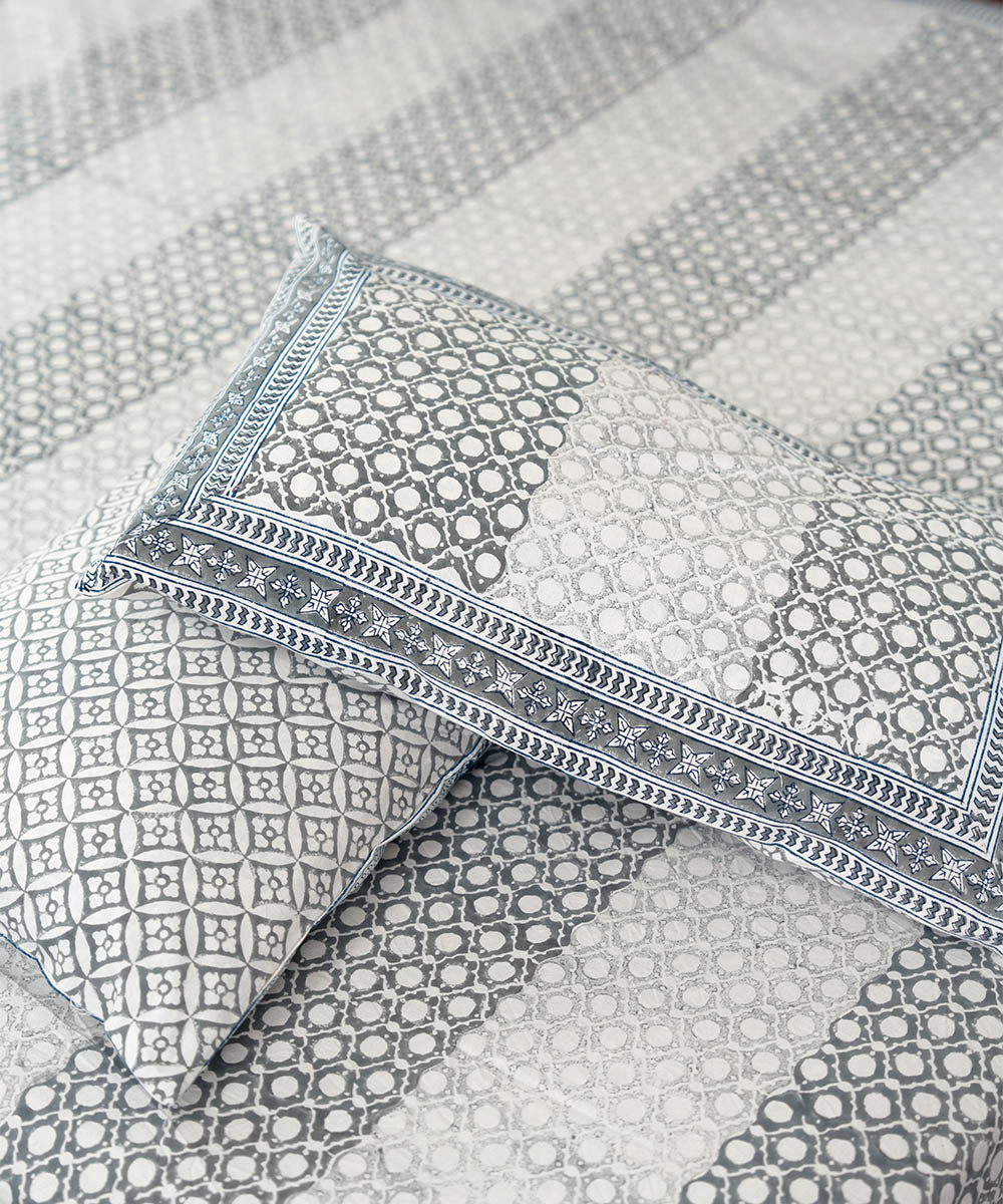 White grey striped block printed sanganeri cotton double bed bedsheet