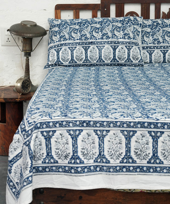 White blue block printed cotton double bed bedsheet