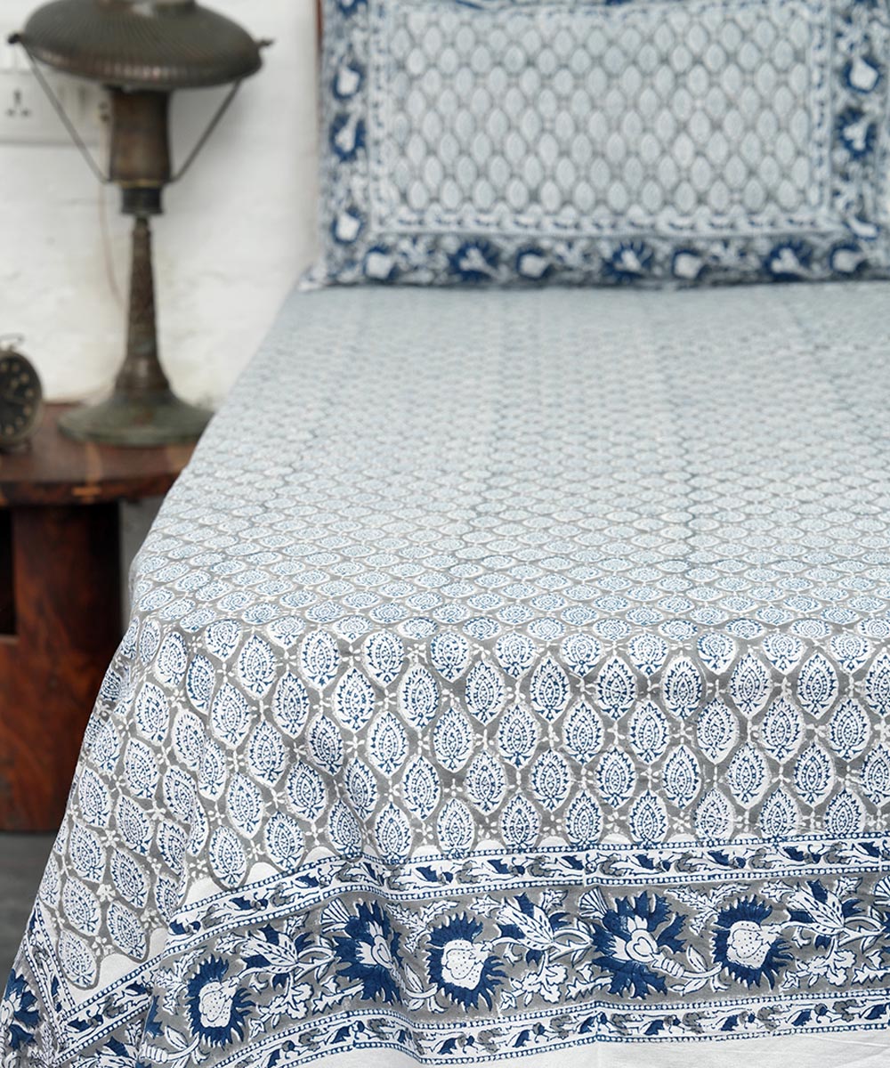 White grey block printed sanganeri cotton double bed bedsheet