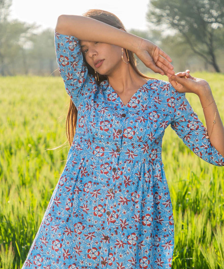 Floral blue small hand block printed cotton dress