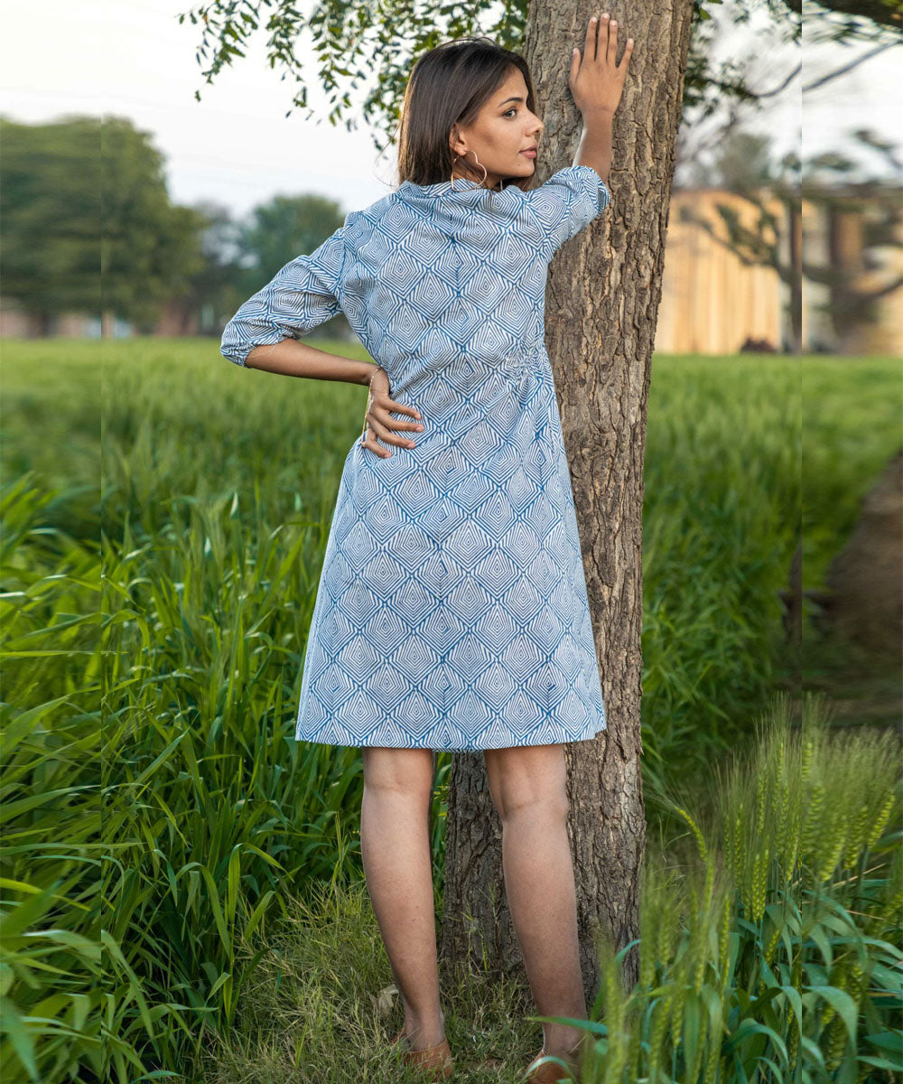 Geometric blue hand block printed cotton dress