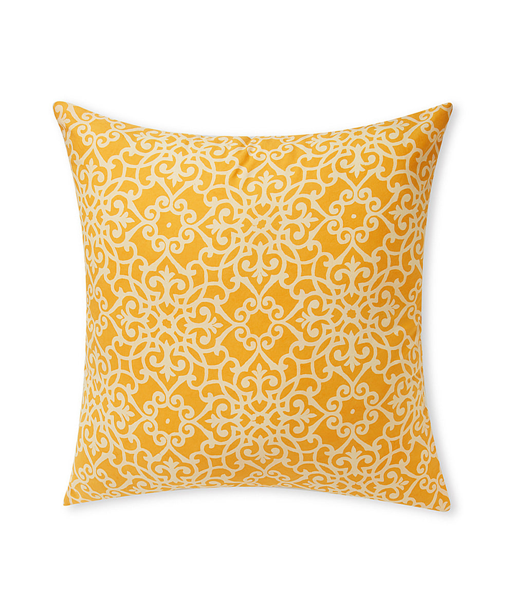 Yellow white handblock print cotton cushion cover