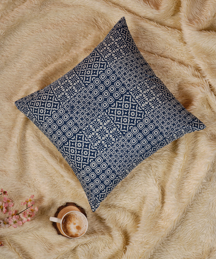 Blue white handblock print cotton cushion cover