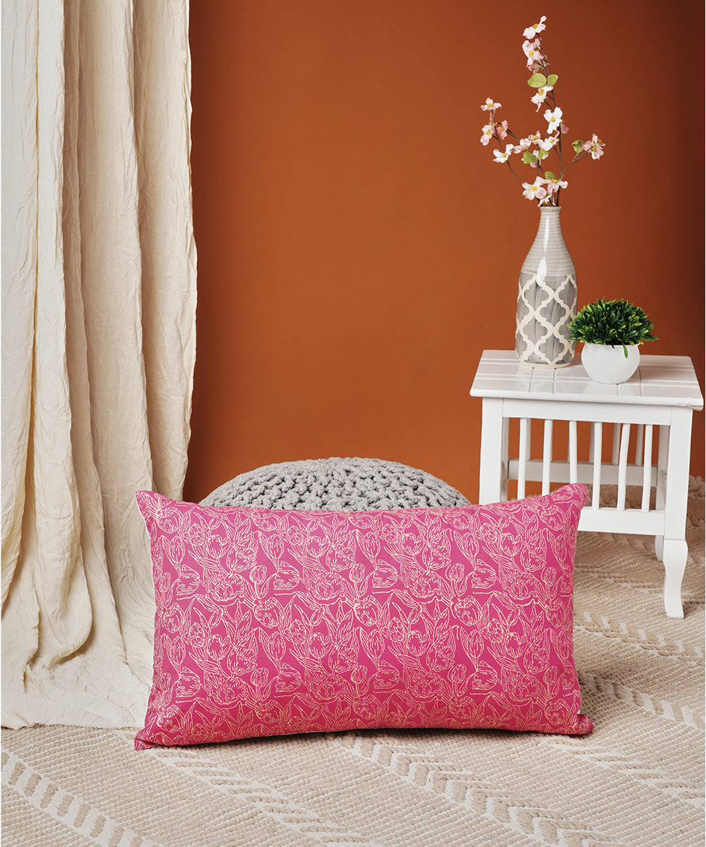 Pink white handblock print cotton cushion cover