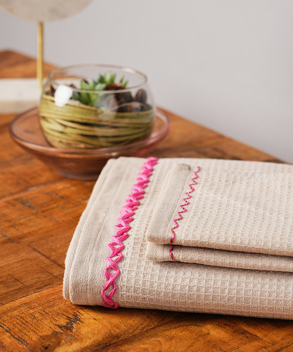 Beige pink hand embroidered cotton bathing towel
