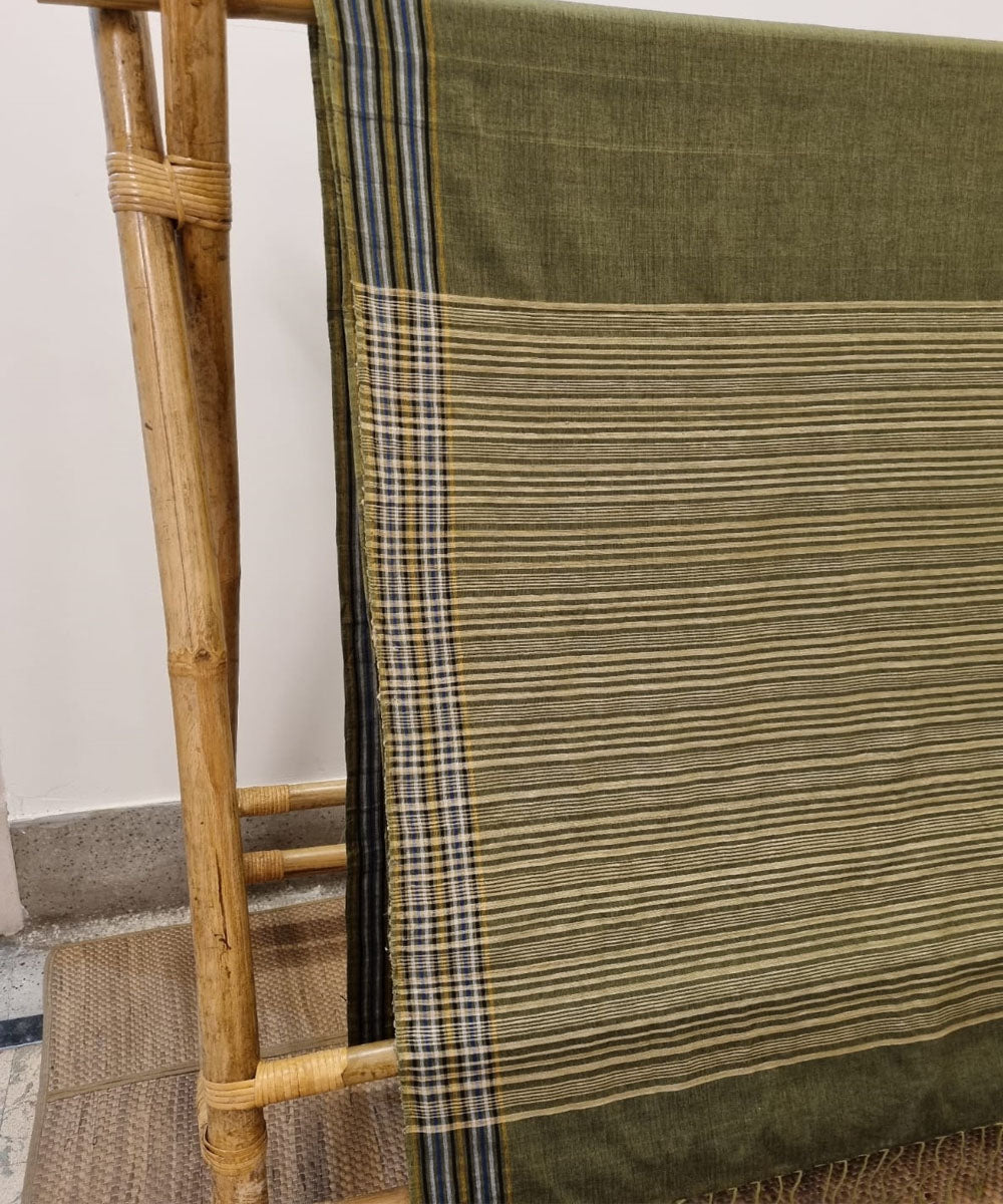Olive green striped pallu cotton handwoven assam saree