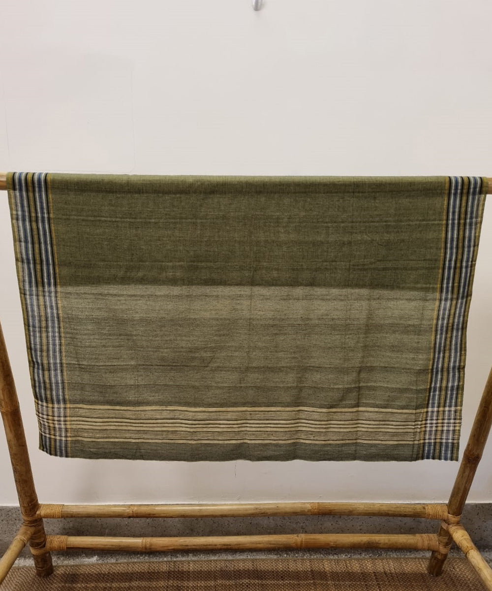 Olive green striped pallu cotton handwoven assam saree