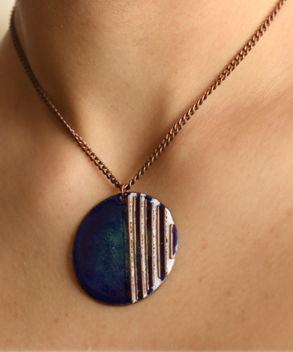 Blue white handcrafted stripes copper enamel necklace