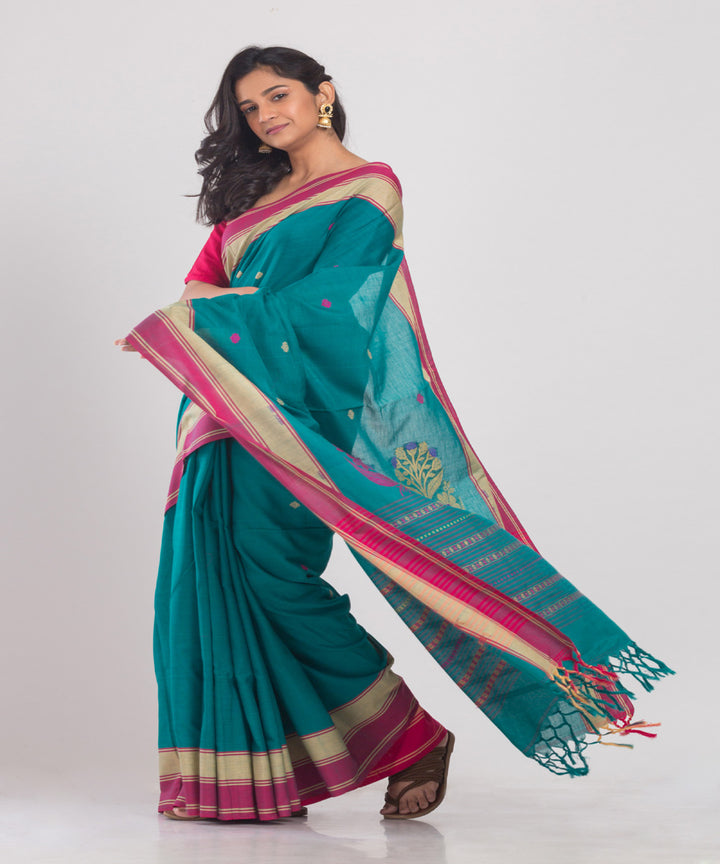 Teal turquoise Handwoven Cotton bengal saree