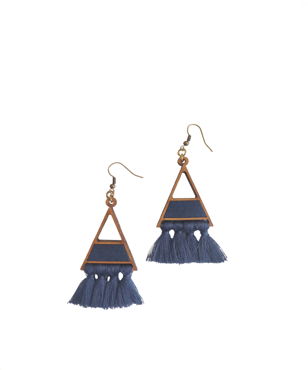 Blue triangle upcycled fabric and repurposed wood earring with tassels