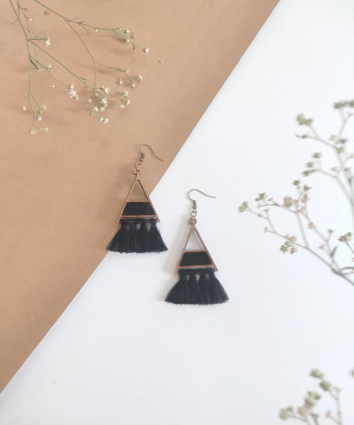 Black triangle upcycled fabric and repurposed tasseled wooded earring