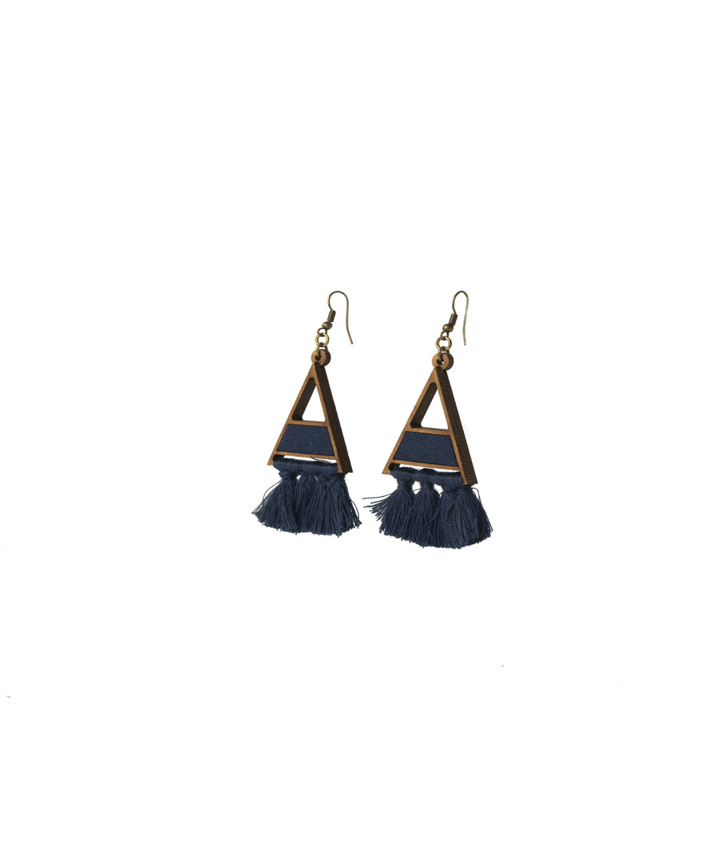 Black triangle upcycled fabric and repurposed tasseled wooded earring
