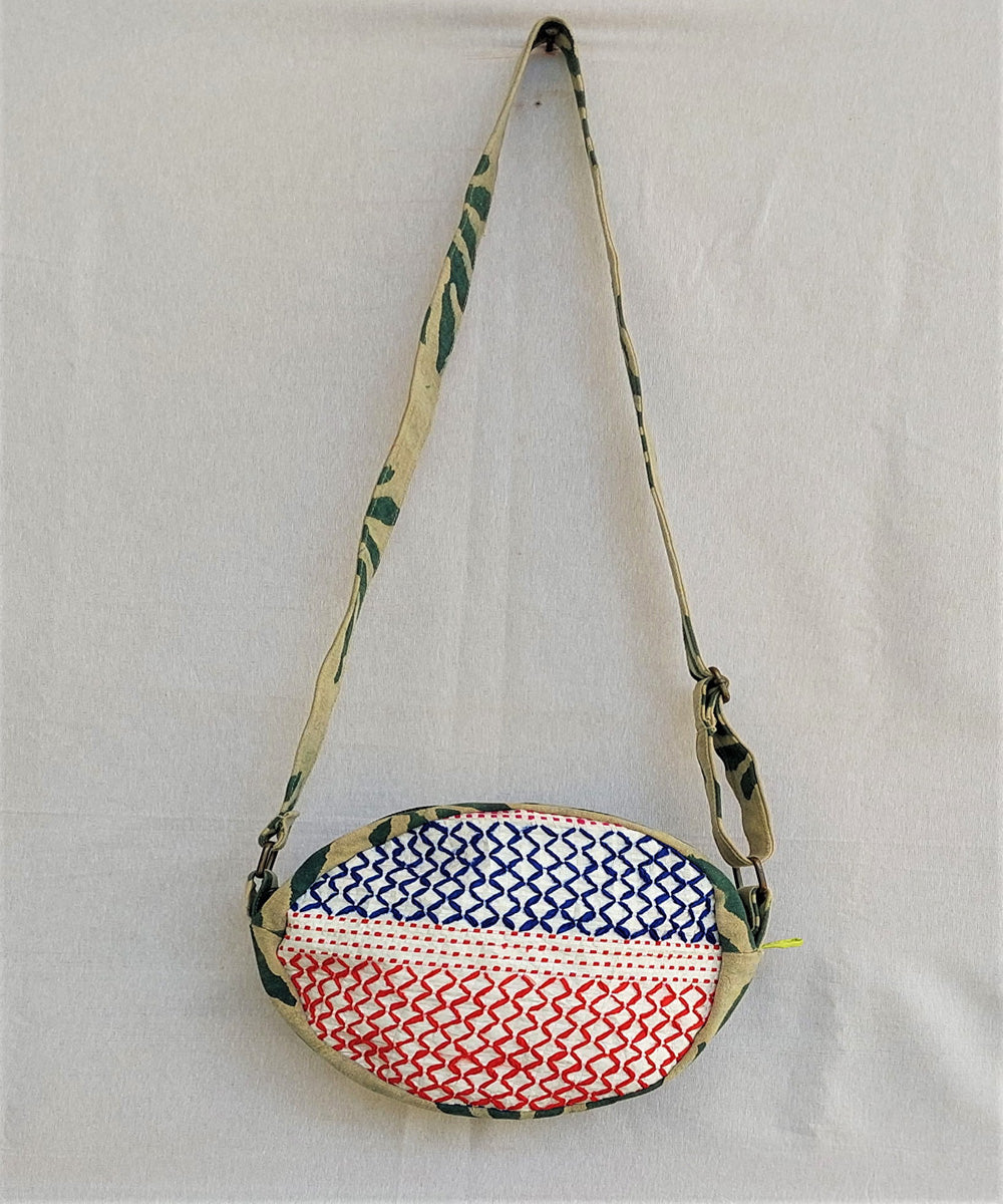 Red blue handcrafted round fanny bag