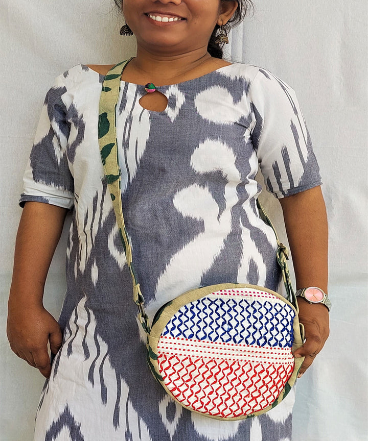 Red blue handcrafted round fanny bag