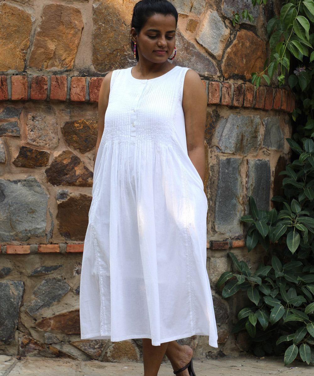 Rangsutra ishanvi white chikankari embroidered sleeveless dress with pintucks