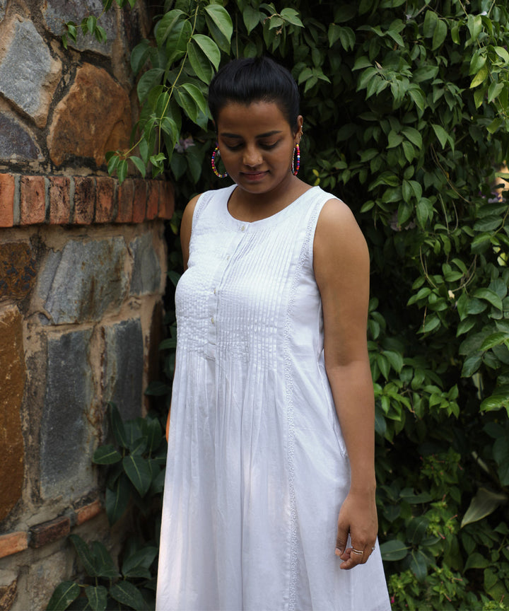 Rangsutra ishanvi white chikankari embroidered sleeveless dress with pintucks