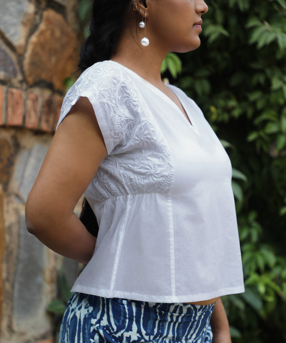 Rangsutra ishanvi white chikankari embroidered cap sleeved top