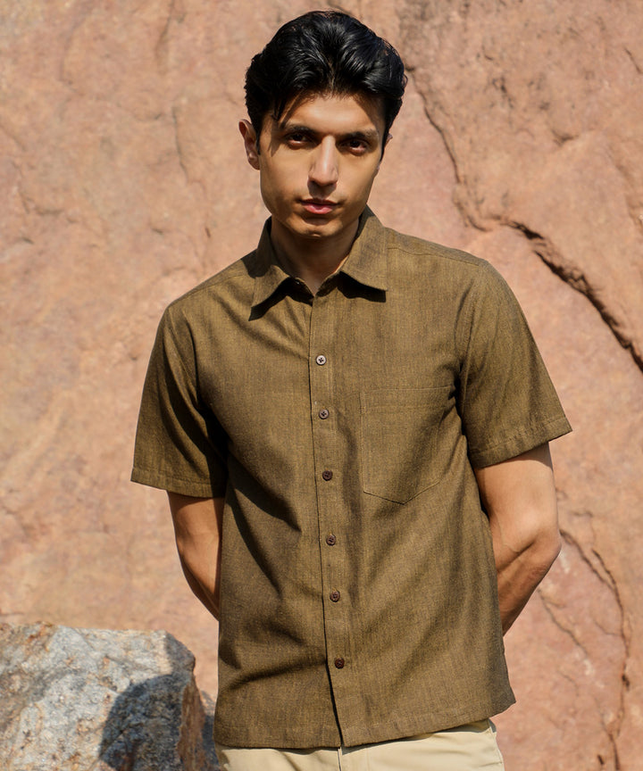 Ronin olive green handcrafted cotton half sleeve shirt