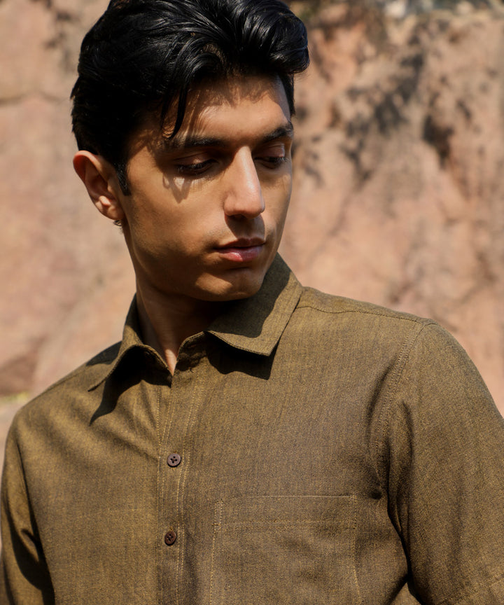 Ronin olive green handcrafted cotton half sleeve shirt