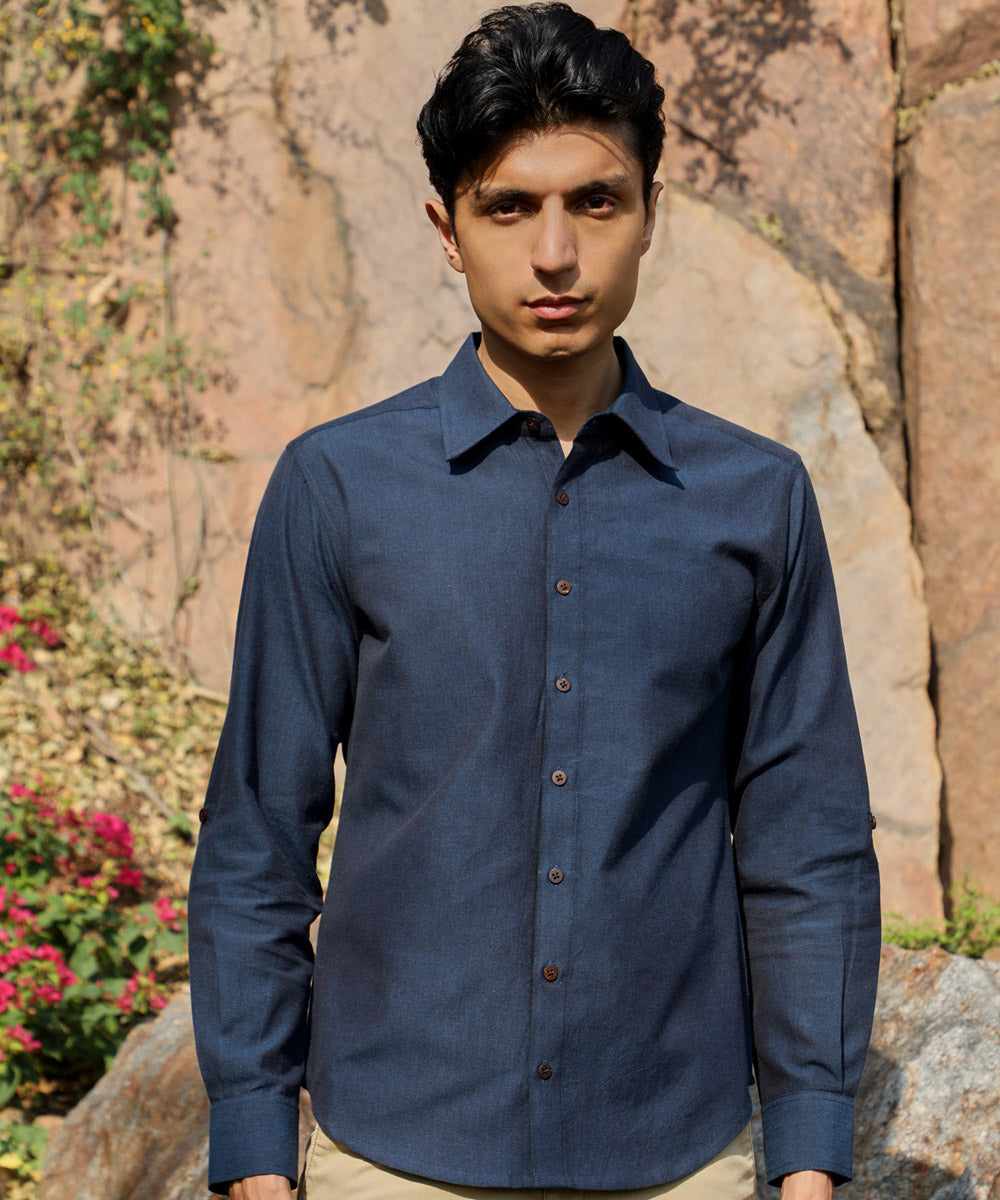 Ronin dark blue handcrafted cotton long sleeve shirt