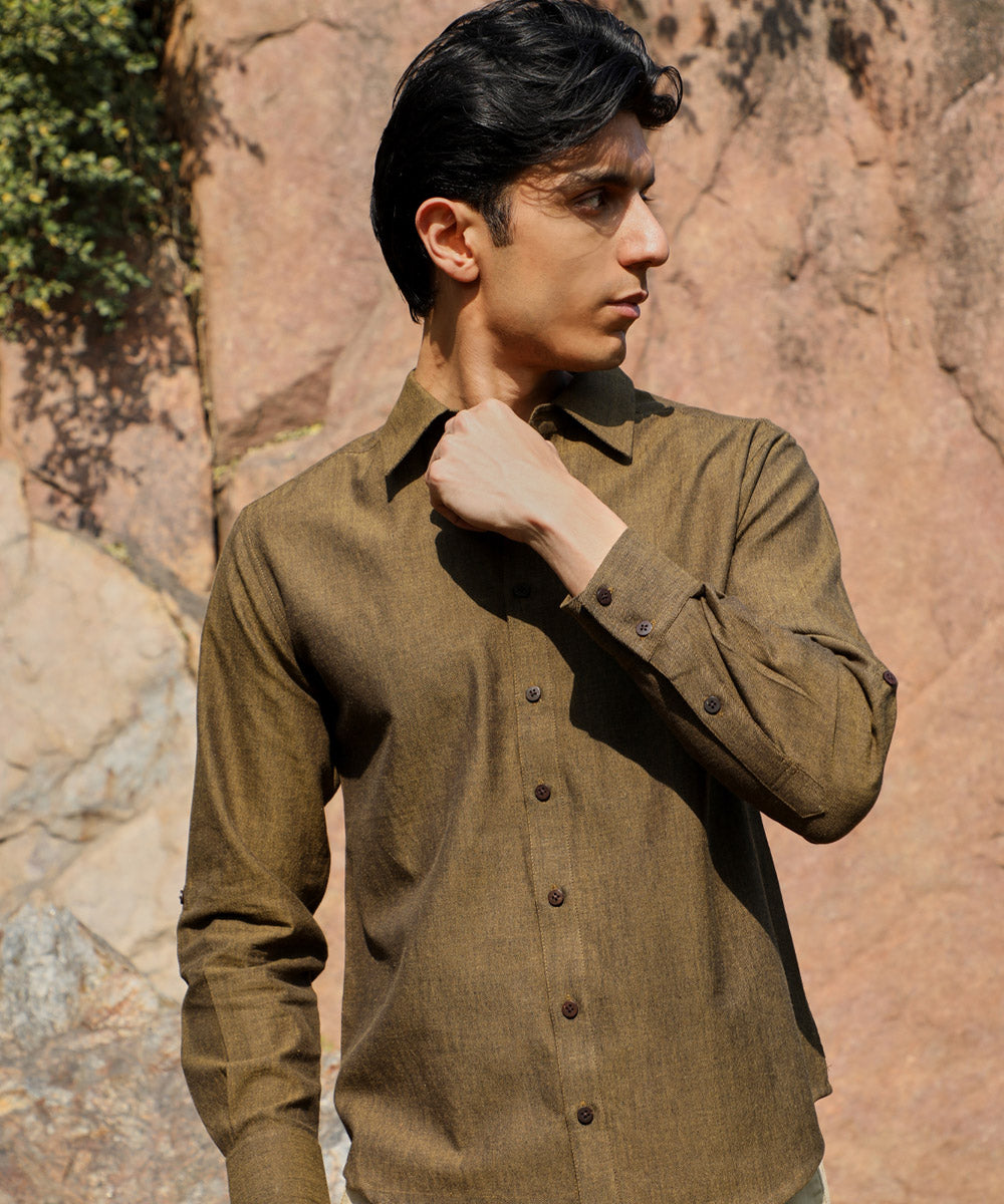 Ronin olive green handcrafted cotton long sleeve shirt