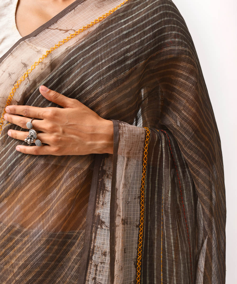 Brown hand embroidered hand block print cotton saree