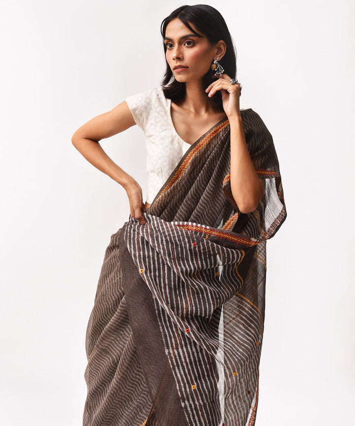Brown hand embroidered block print cotton saree