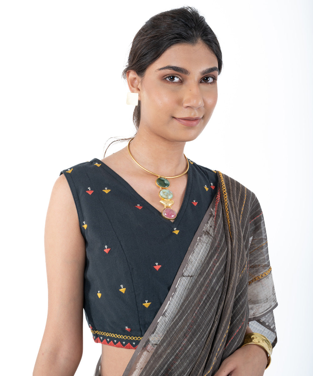 Black handwoven embroidered cotton sleeveless blouse