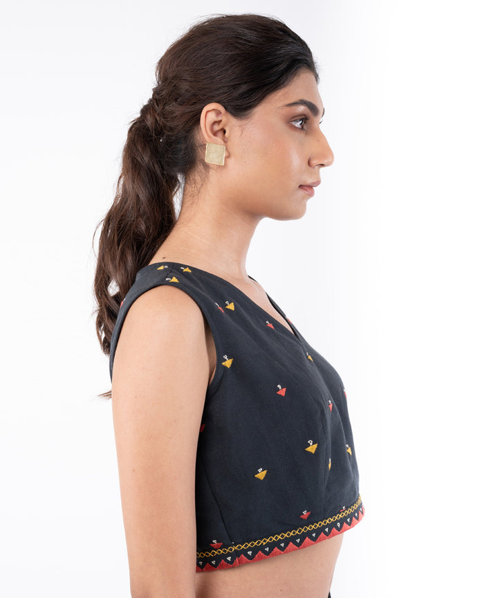 Black handwoven embroidered cotton sleeveless blouse