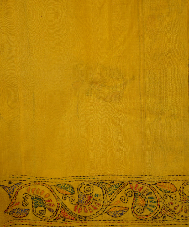 Yellow tussar silk hand embroidery kantha saree
