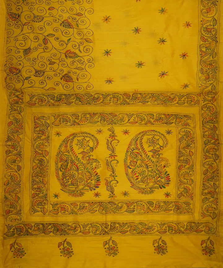 Yellow tussar silk hand embroidery kantha saree
