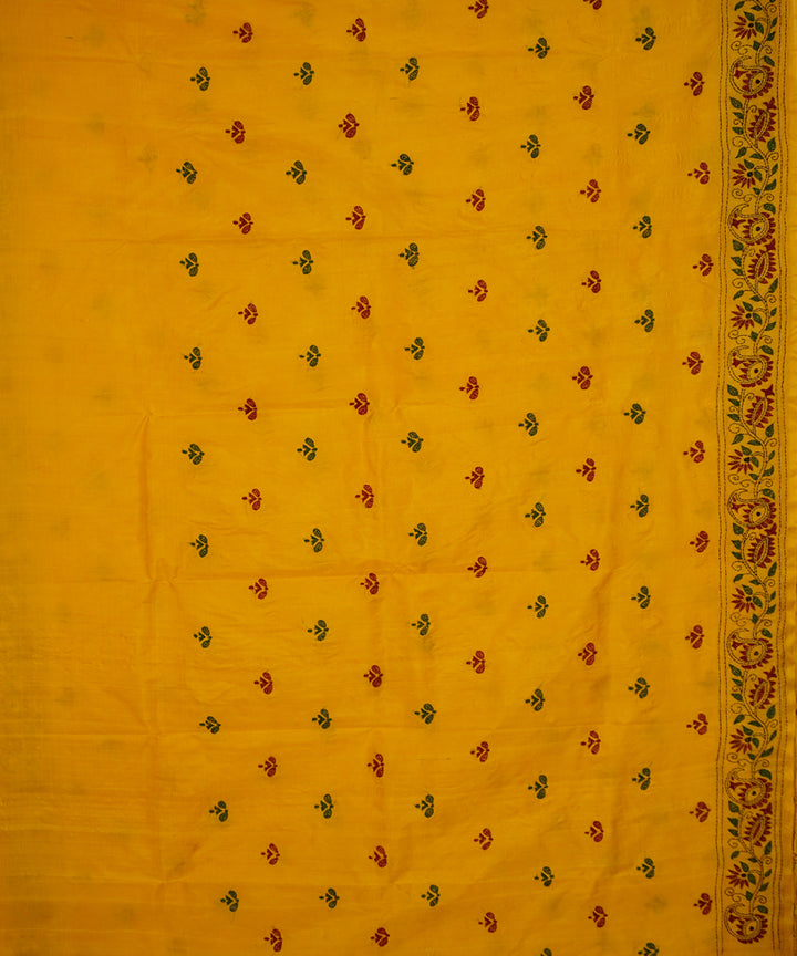 Yellow hand embroidery tussar silk kantha saree
