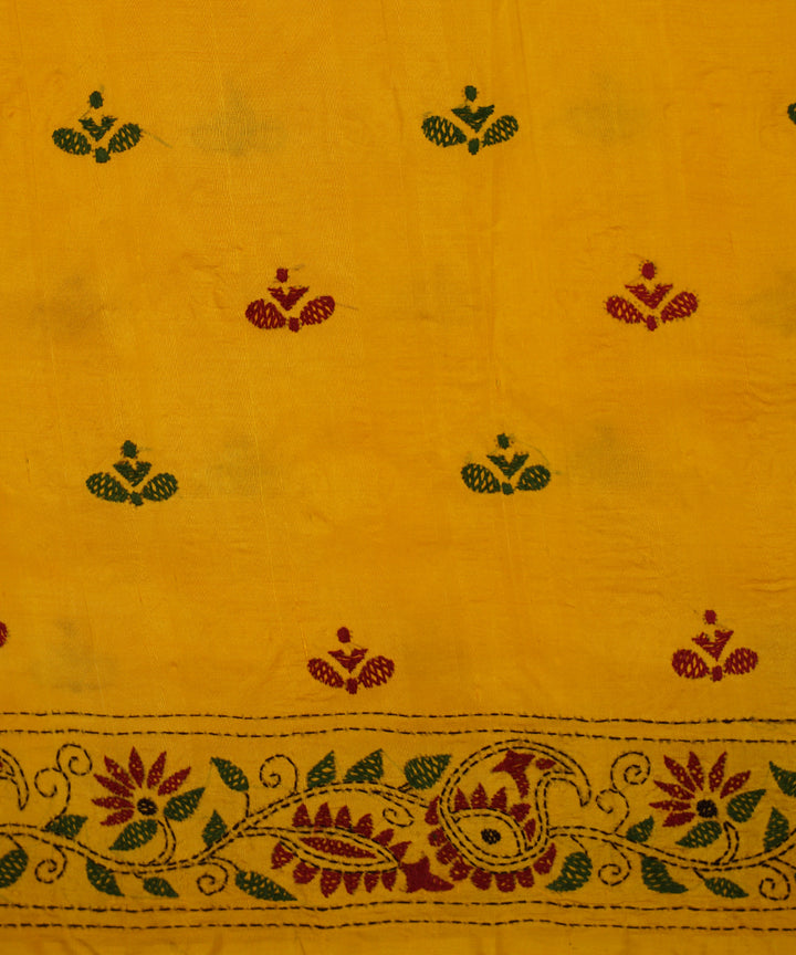 Yellow hand embroidery tussar silk kantha saree