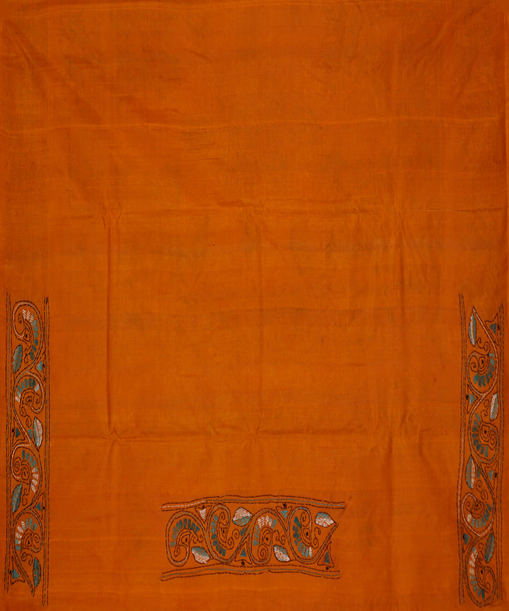 Cadmium orange tussar silk hand embroidery kantha saree